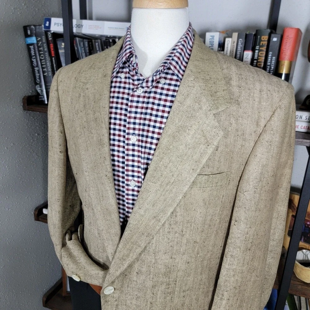 VTG Town Craft Men's Sport Coat Blazer Two Button Dark‎ Beige Silk Size 44L